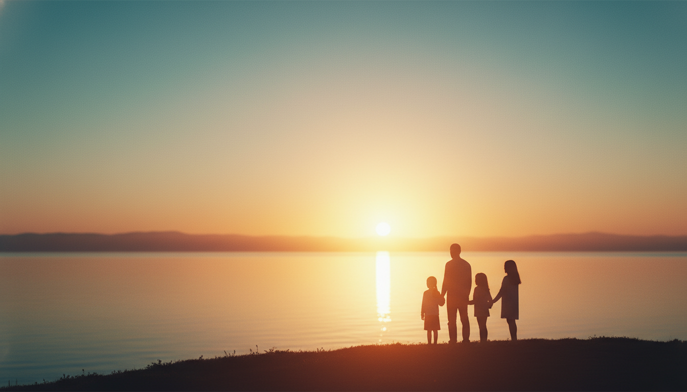 Family silhouettes against warm light